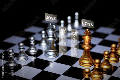 Gold and silver king chess pieces with boss icons represent leadership, authority, strategy and executive decision making in business, boss leadership leader authority power.