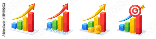 Business growth charts with arrows, coins, and target symbol indicating success