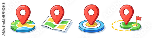 Set of four cartoon map pin icons representing different location markers and navigation elements