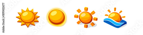 Collection of stylized sun icons representing different weather conditions and styles