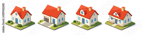 Collection of four isometric cartoon houses with red roofs and white walls