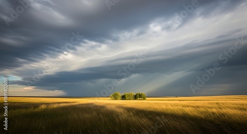 Dramatic stormy sky over golden wheat field with trees