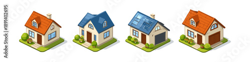 Collection of four isometric cartoon houses with different roof styles and features