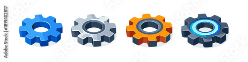 Set of four colorful isometric gears representing different settings and options