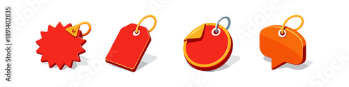 Collection of four colorful price tags and labels in different shapes and styles