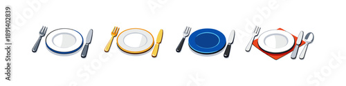 Collection of diverse place settings with plates, cutlery, and napkin