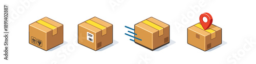 Set of isometric cardboard boxes representing shipping and delivery process stages