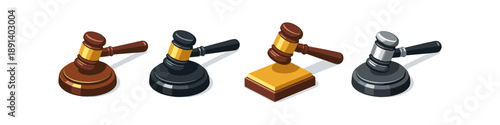 Collection of four different wooden and metal gavels in isometric view