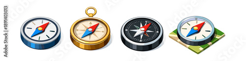 Collection of four different compasses, each with a unique design and color palette