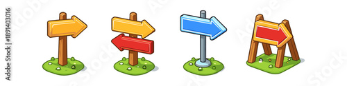 Collection of cartoon directional signs pointing in different directions on green grass