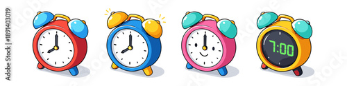 Collection of colorful cartoon alarm clocks showing different times and styles