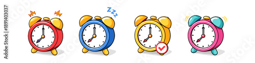 Four cartoon alarm clocks showing different statuses: ringing, sleeping, checked, and vibrating
