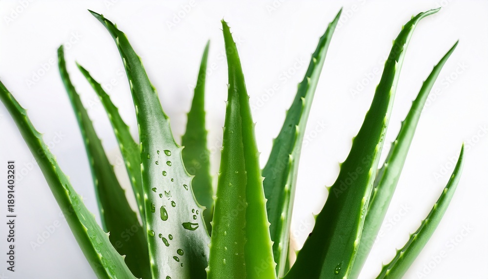 Fototapeta premium Fresh Organic Aloe Vera Plant Leaves Green Herb Closeup On A White Background