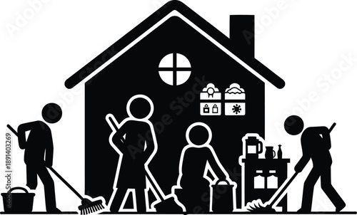 Silhouette of family cleaning house together to prepare for holiday celebration