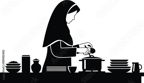 Muslim woman in hijab cooking Iftar meal on stove with dishes and ingredients silhouette
