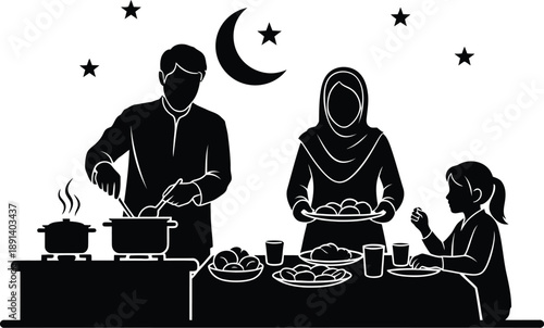 Muslim family silhouette preparing iftar meal together at night under crescent moon