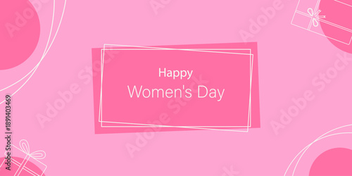 Happy Womans Day Inscription and outline gift boxes light lines on soft pink Banner Format Template. Womens Day Greeting Thematic Cards Sample Media post Banner Print Materials, leaflets, party invite