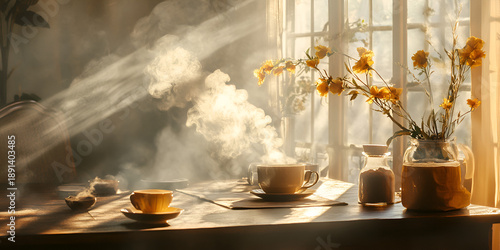 Wallpaper Mural Sunlit Coffee Table with Steam, Flowers, and Soft Morning Light Torontodigital.ca