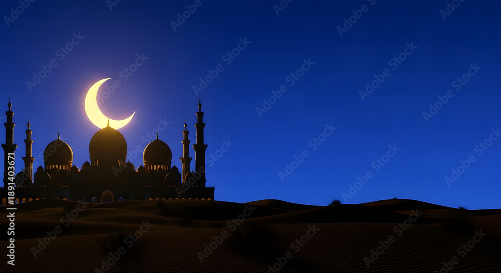 Obraz premium Serene desert mosque silhouette under crescent moon at dusk