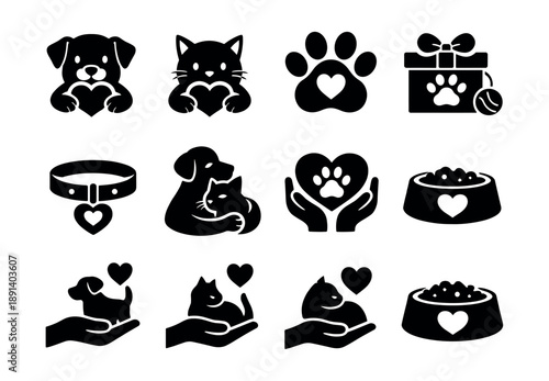 Pet care and love silhouette icons set
