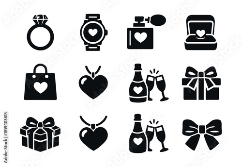 Romantic and celebratory black icons set