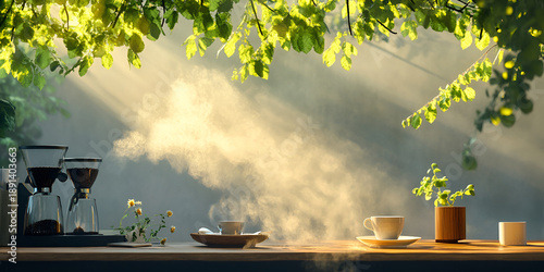 Wallpaper Mural Outdoor Coffee Cups with Sunlight, Steam, and Garden Greenery Torontodigital.ca