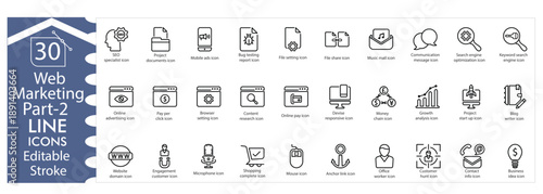 Digital marketing icons set, web advertising, online business, SEO optimization,  promotion, analytics, website growth, branding, professional design editable stroke vector Illustration