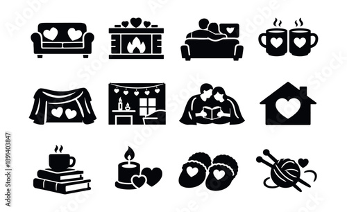 Cozy home and romance icons set