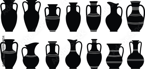 A comprehensive collection of ancient Greek and Roman pottery silhouettes, featuring various amphoras, pitchers, and vases, presented on a clean white background.