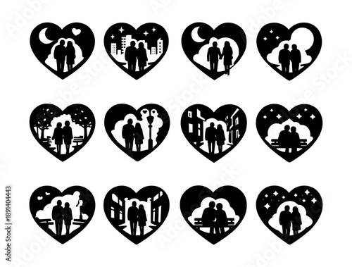 Romantic couples silhouette heart icons set