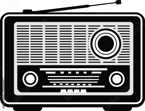 Vintage radio broadcasting silhouette showing classic table radio with rounded body and front speaker grill