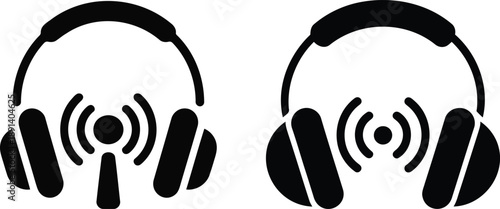 Audio streaming silhouette showing headphones combined with radio frequency waves for wireless transmission