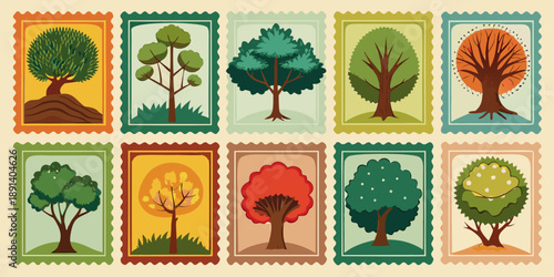 Stamp series collection tree illustrations in colorful stamp designs in simple vector style