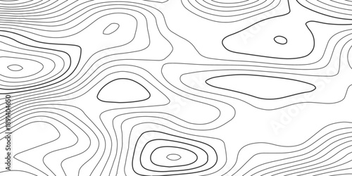 Abstract geographic contour map with white wave paper reliefs and flowing black contour lines, forming an organic terrain elevation pattern in minimalist black and white vector line art.