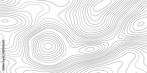 Abstract geographic contour map with white wave paper reliefs and flowing black contour lines, forming an organic terrain elevation pattern in minimalist black and white vector line art.