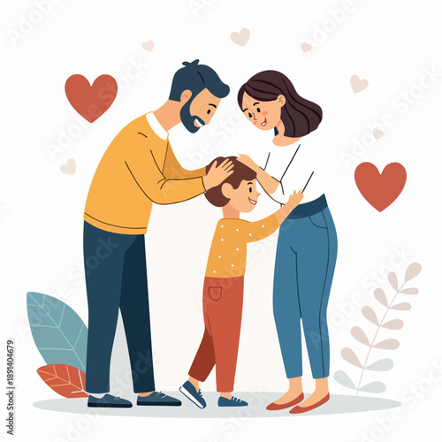 A loving family with a young child, depicting tenderness and parental affection with warm hearts in the background
