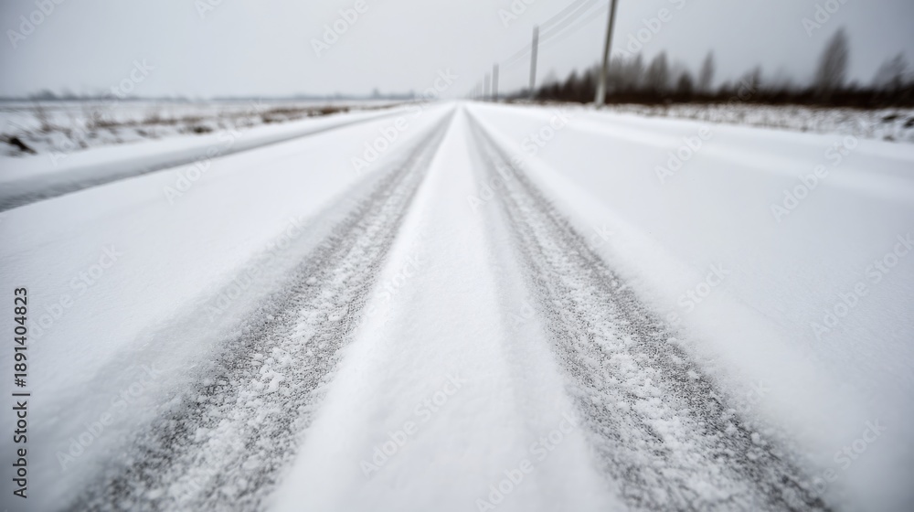 Obraz premium Close up front view of snow covered road with tire tracks and fresh snow patterns, clean winter background with copy space, sharp focus, detailed texture and minimal composition