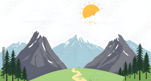 mountain landscape illustration, sunny mountains, sunlit hills, nature illustration, outdoor illustration, scenic illustration, wilderness illustration, valley illustration, peak illustration, forest 