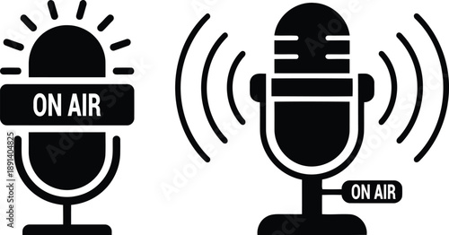 Live broadcast silhouette showing microphone with “ON AIR” indicator and curved signal waves