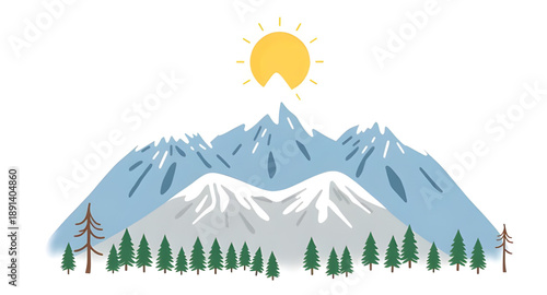 mountain landscape illustration, sunny mountains, sunlit hills, nature illustration, outdoor illustration, scenic illustration, wilderness illustration, valley illustration, peak illustration, forest 