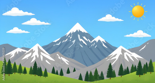 mountains, mountain view, sunny landscape, sun over mountains, nature scene, outdoor view, scenic view, hills, peaks, ridge, valley, forest, trees, sky gradient, horizon line, travel art, adventure ar