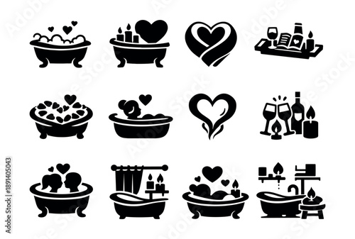 Romantic Bathtub and Hearts Silhouettes Set