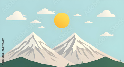 mountains, mountain view, sunny landscape, sun over mountains, nature scene, outdoor view, scenic view, hills, peaks, ridge, valley, forest, trees, sky gradient, horizon line, travel art, adventure ar