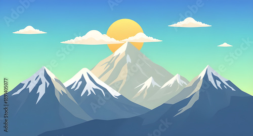 mountains, mountain view, sunny landscape, sun over mountains, nature scene, outdoor view, scenic view, hills, peaks, ridge, valley, forest, trees, sky gradient, horizon line, travel art, adventure ar