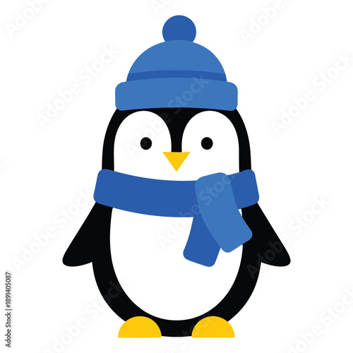 Cute cartoon penguin wearing blue winter hat and scarf