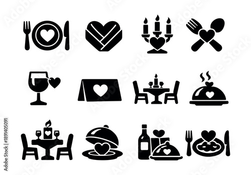 Romantic dining silhouette icons set