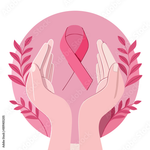 Hands cupping a pink ribbon for breast cancer awareness, symbolizing support and hope during October's Breast Cancer Awareness Month