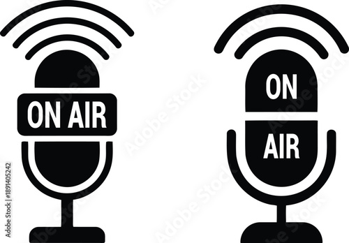 Live streaming silhouette showing podcast microphone with “ON AIR” banner and radiating sound waves