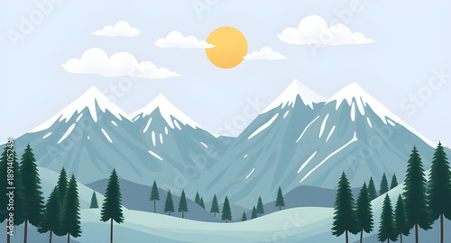 mountain landscape with sun, sunny mountains, sunlit landscape, nature background, outdoor background, scenic background, hills background, peaks background, valley background, forest background, tree