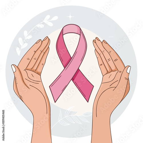 Pink ribbon held by cupped hands symbolizing support and awareness for breast cancer prevention and research
